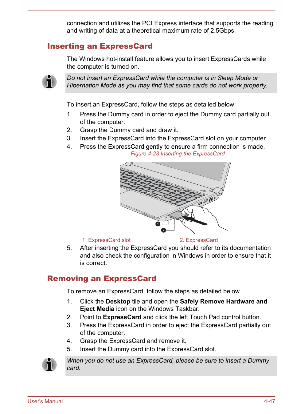 Inserting an expresscard, Removing an expresscard | Toshiba Tecra W50-A User Manual | Page 100 / 170