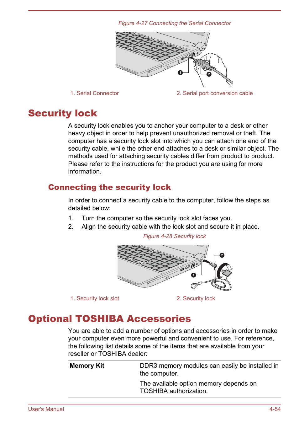 Security lock, Connecting the security lock, Optional toshiba accessories | Security lock -54 optional toshiba accessories -54 | Toshiba Tecra W50-A User Manual | Page 107 / 170