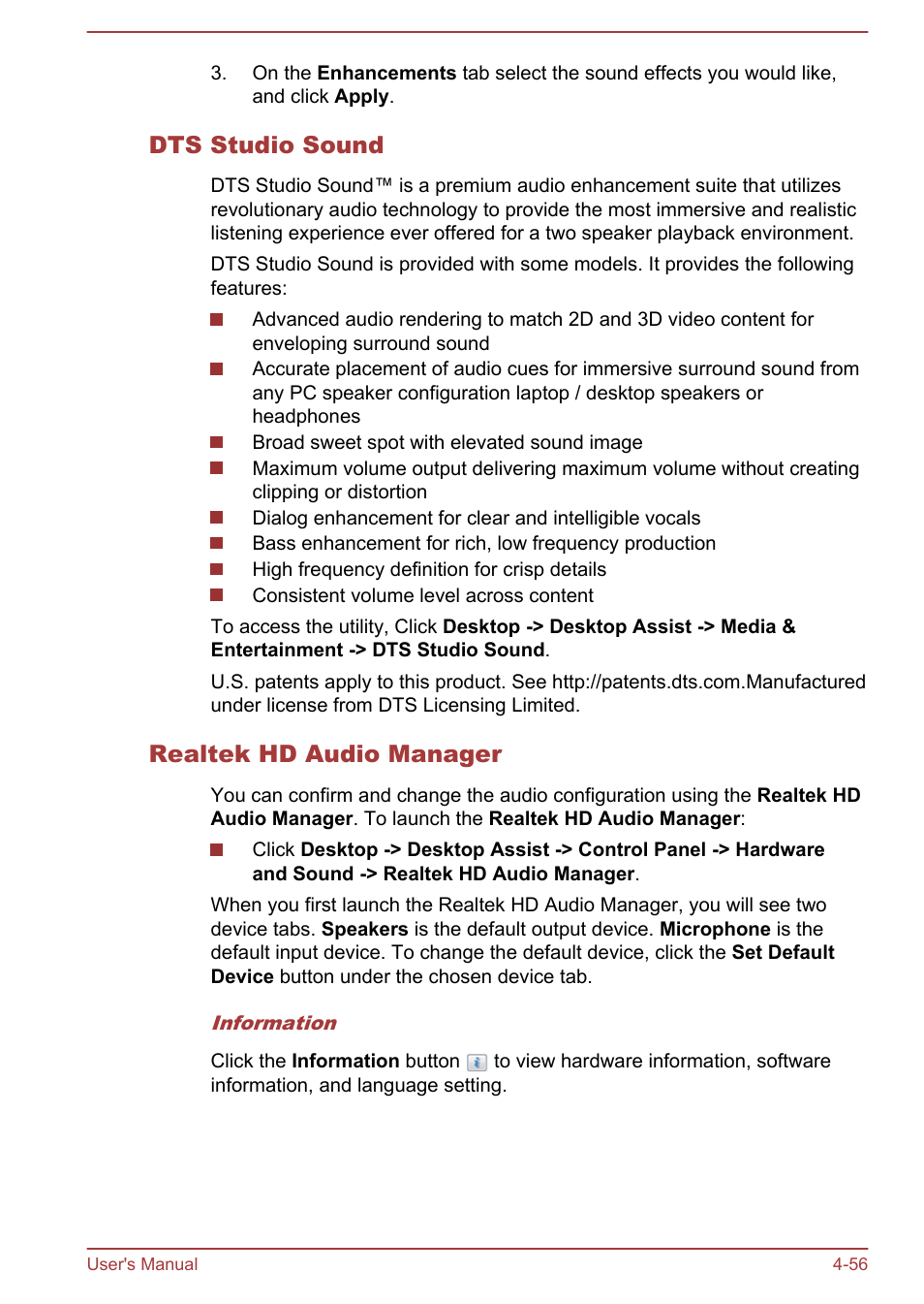 Dts studio sound, Realtek hd audio manager | Toshiba Tecra W50-A User Manual | Page 109 / 170