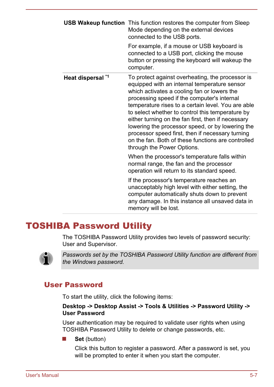 Toshiba password utility, User password, Toshiba password utility -7 | Toshiba Tecra W50-A User Manual | Page 117 / 170