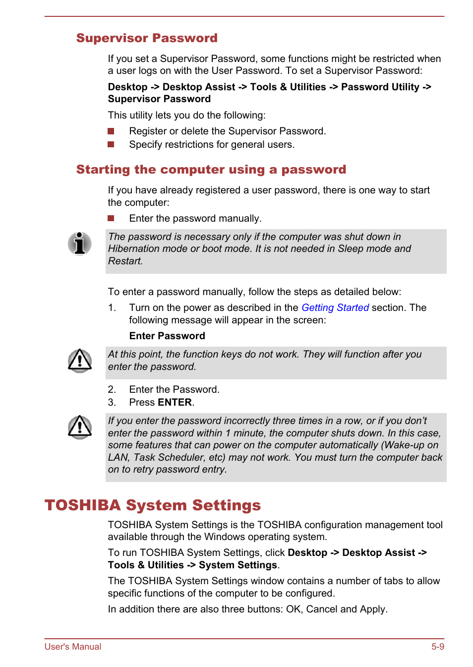 Supervisor password, Starting the computer using a password, Toshiba system settings | Toshiba system settings -9 | Toshiba Tecra W50-A User Manual | Page 119 / 170