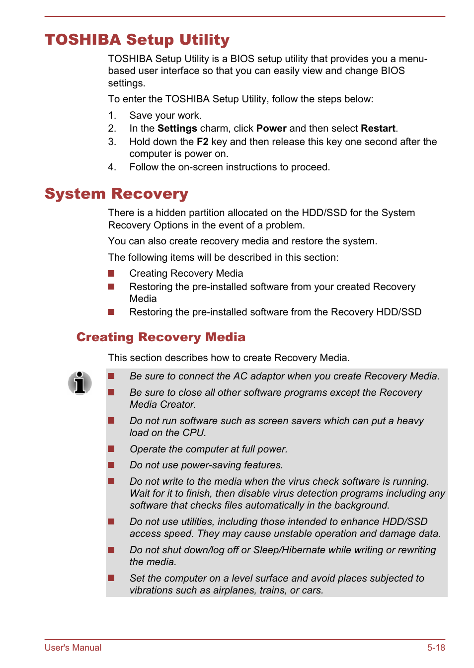 Toshiba setup utility, System recovery, Creating recovery media | Toshiba setup utility -18 system recovery -18 | Toshiba Tecra W50-A User Manual | Page 128 / 170