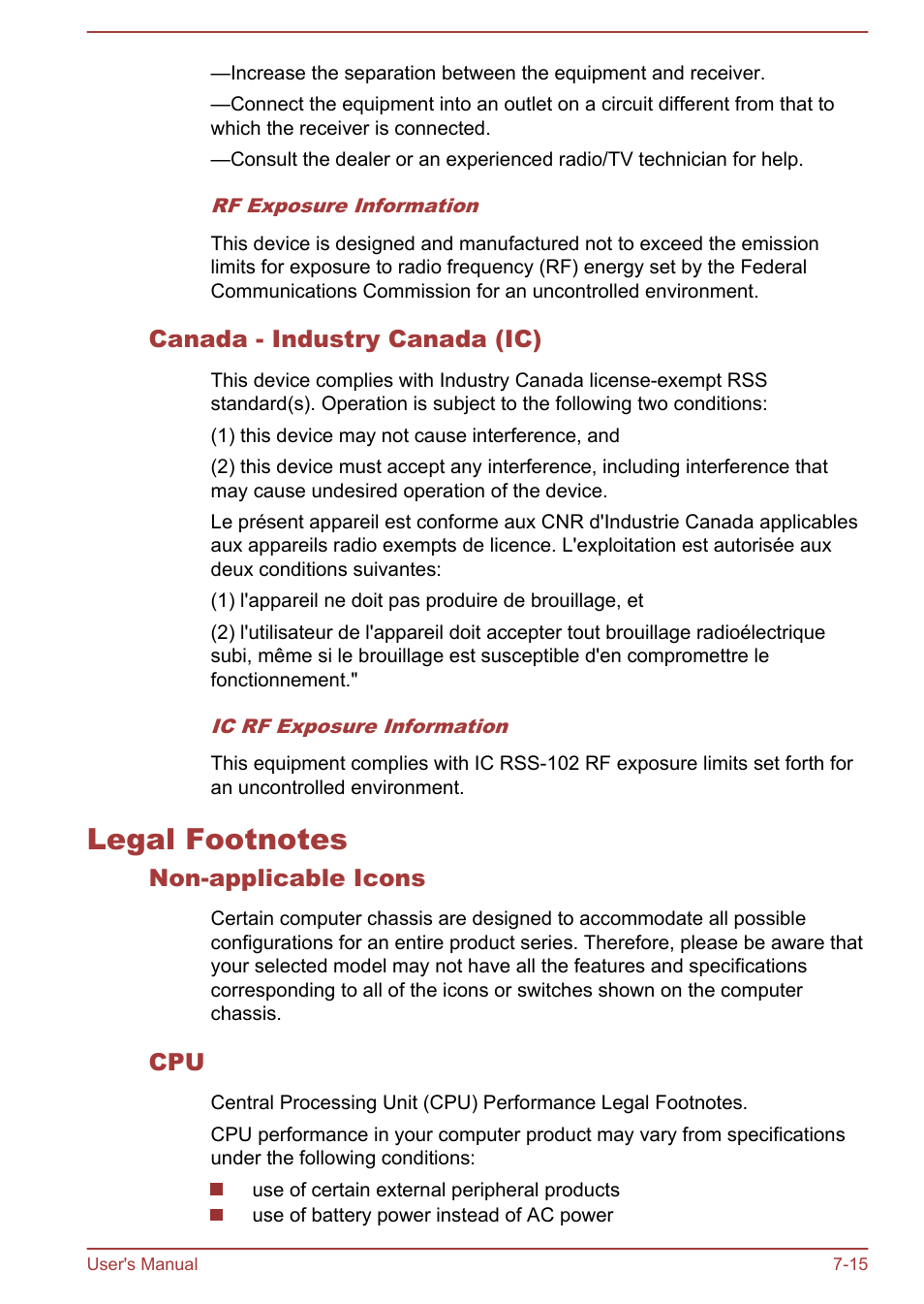 Canada - industry canada (ic), Legal footnotes, Non-applicable icons | Legal footnotes -15, Section | Toshiba Tecra W50-A User Manual | Page 162 / 170