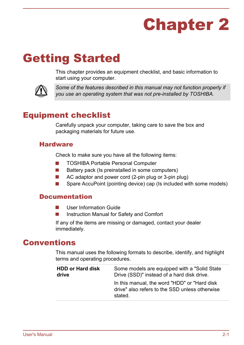Chapter 2 getting started, Equipment checklist, Hardware | Documentation, Conventions, Chapter 2, Getting started, Equipment checklist -1 conventions -1 | Toshiba Tecra W50-A User Manual | Page 23 / 170