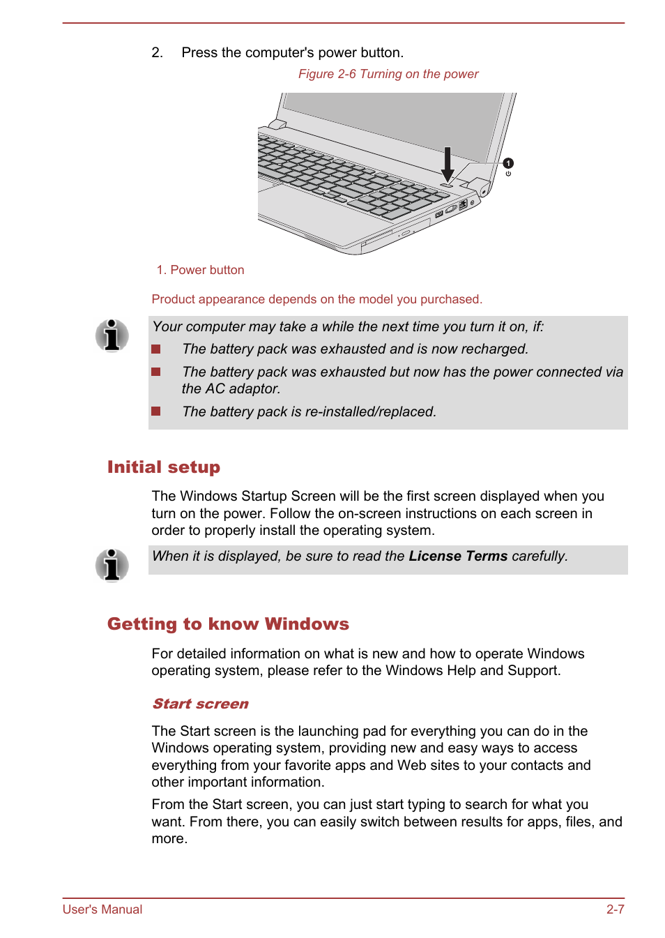 Initial setup, Getting to know windows | Toshiba Tecra W50-A User Manual | Page 29 / 170