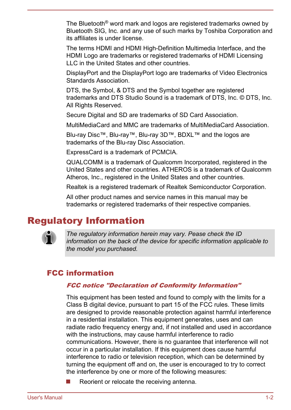 Regulatory information, Fcc information, Regulatory information -2 | Toshiba Tecra W50-A User Manual | Page 5 / 170