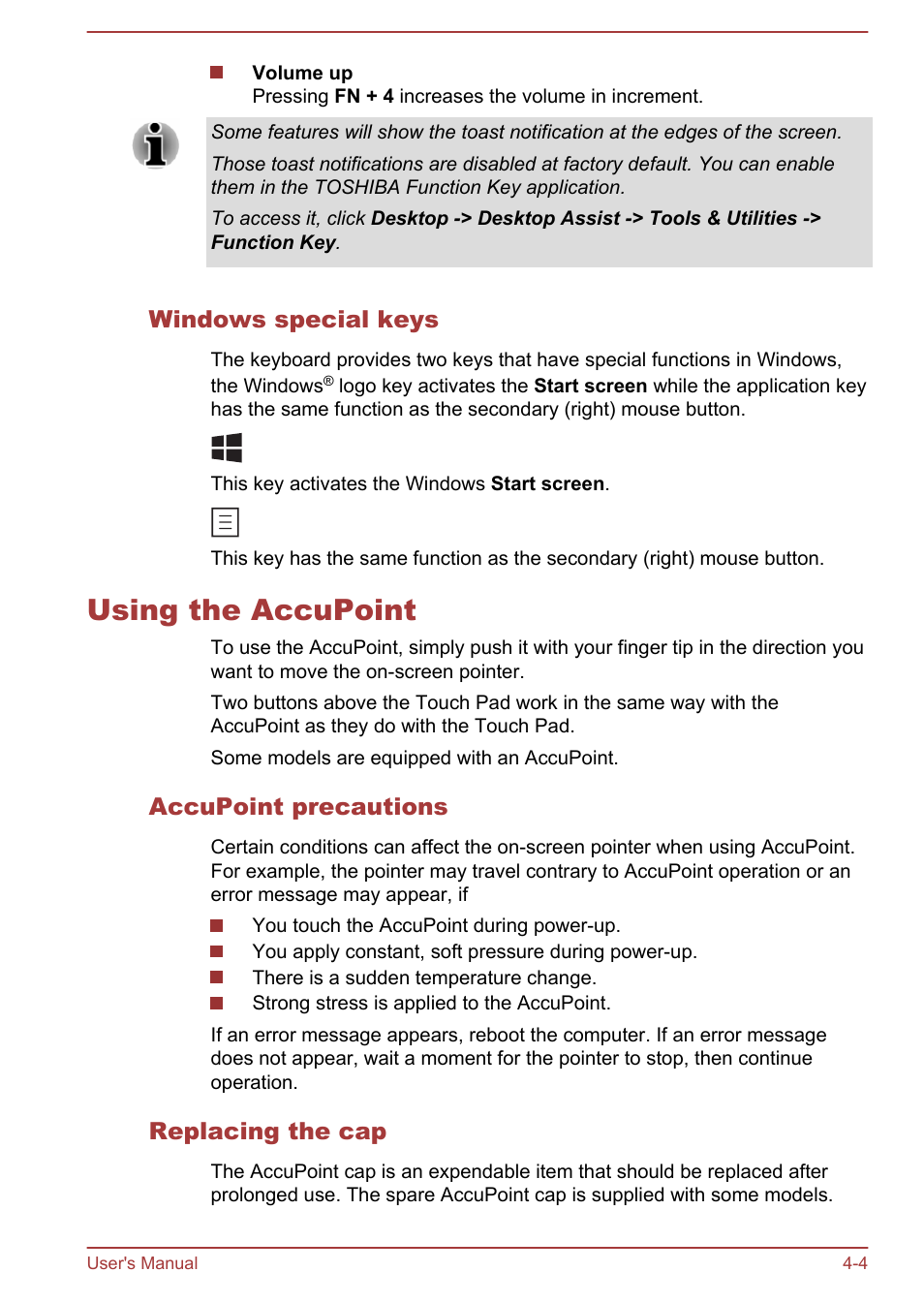 Windows special keys, Using the accupoint, Accupoint precautions | Replacing the cap, Using the accupoint -4 | Toshiba Tecra W50-A User Manual | Page 57 / 170