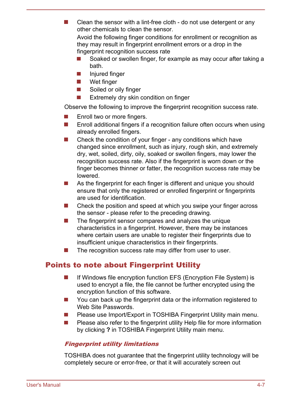 Points to note about fingerprint utility | Toshiba Tecra W50-A User Manual | Page 60 / 170