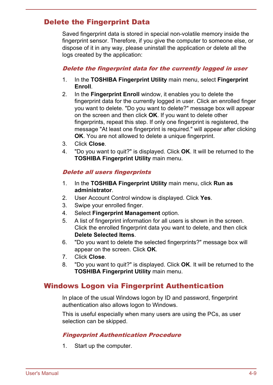 Delete the fingerprint data, Windows logon via fingerprint authentication | Toshiba Tecra W50-A User Manual | Page 62 / 170