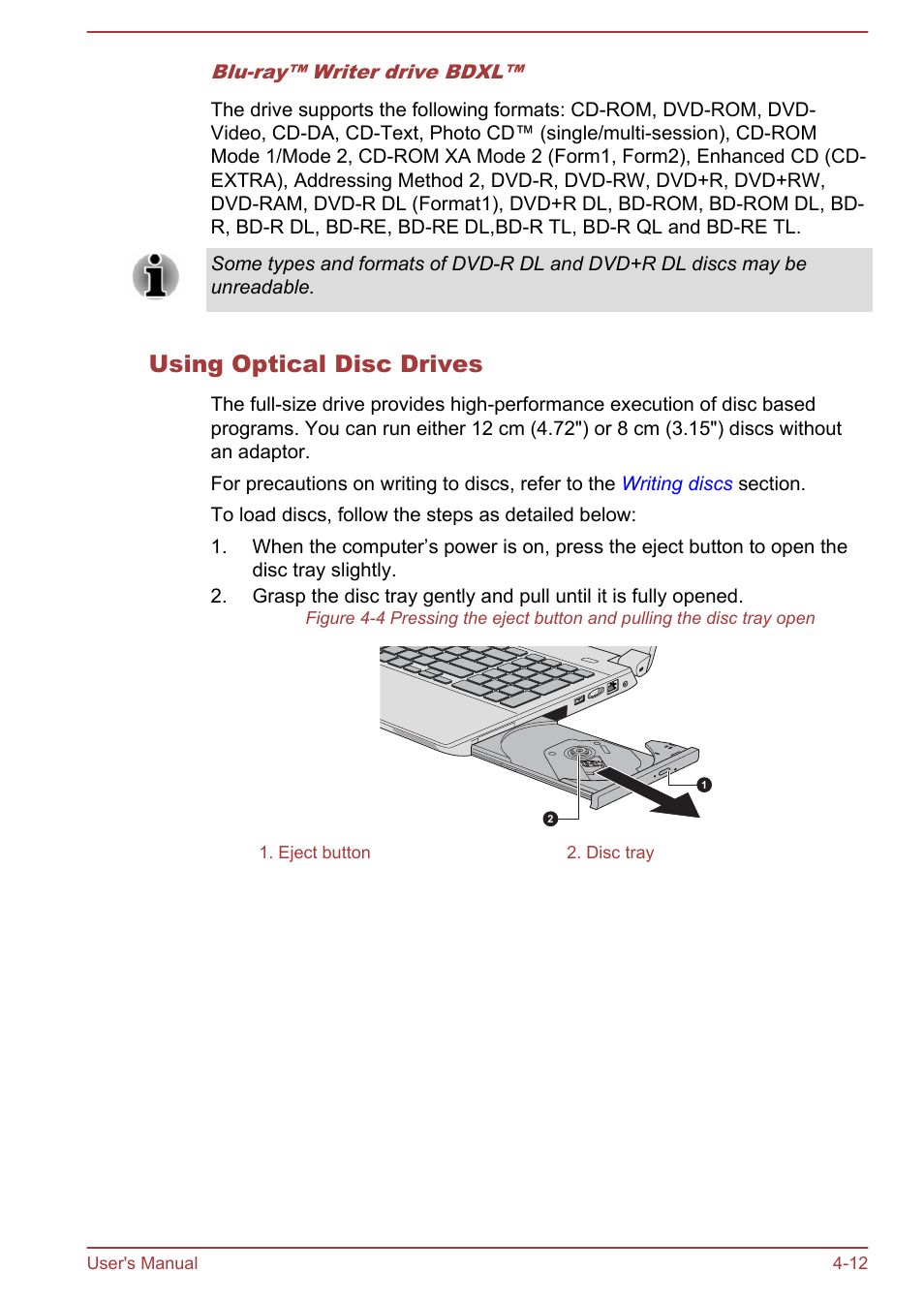 Using optical disc drives | Toshiba Tecra W50-A User Manual | Page 65 / 170