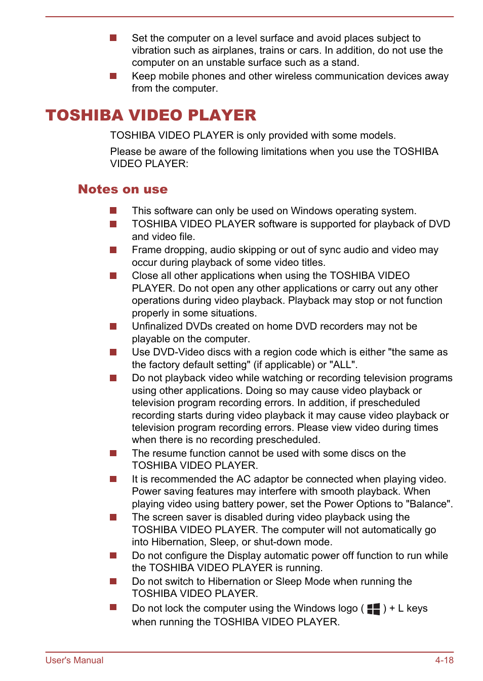 Toshiba video player, Notes on use, Toshiba video player -18 | Toshiba Tecra W50-A User Manual | Page 71 / 170