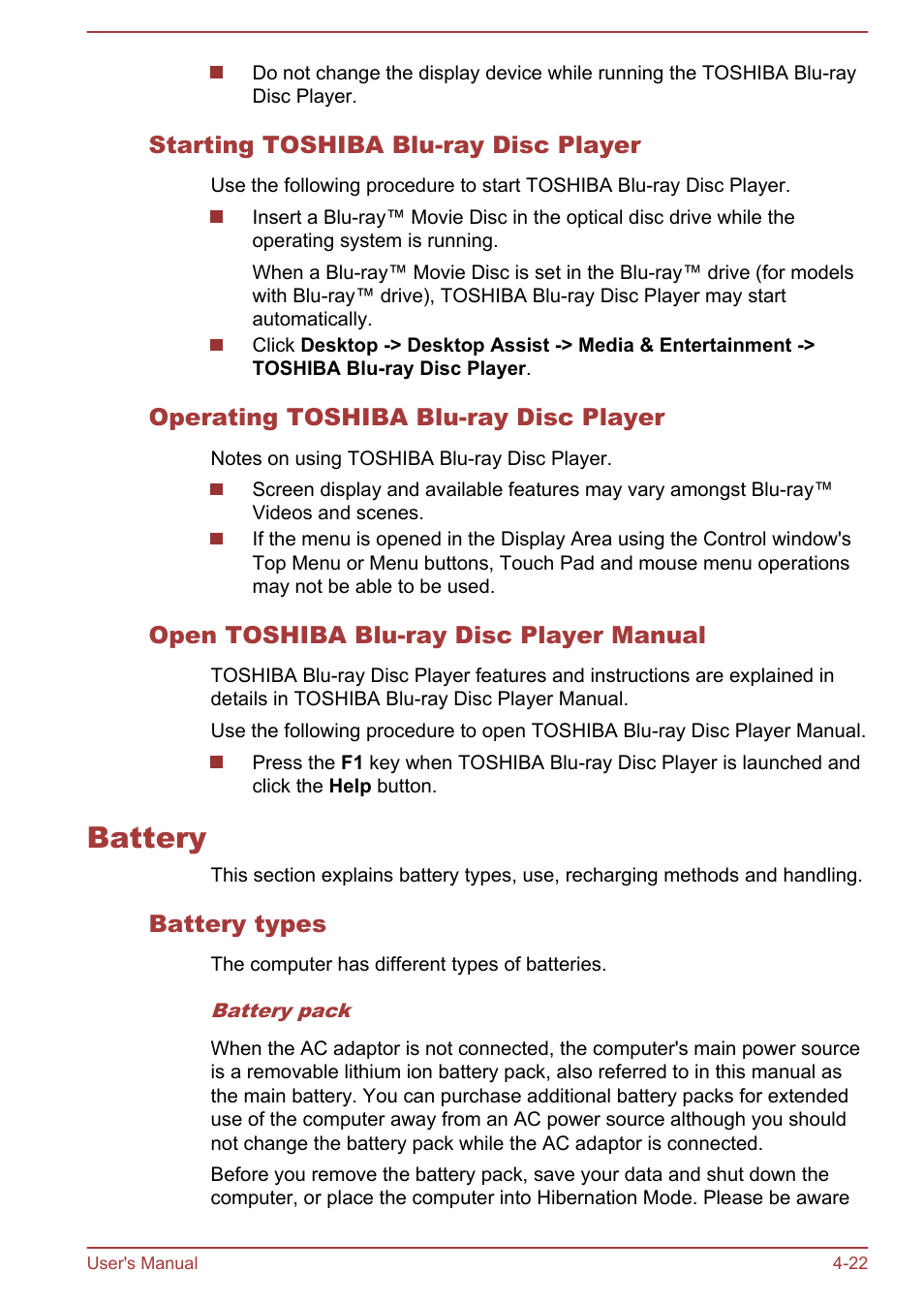 Starting toshiba blu-ray disc player, Operating toshiba blu-ray disc player, Open toshiba blu-ray disc player manual | Battery, Battery types, Battery -22 | Toshiba Tecra W50-A User Manual | Page 75 / 170