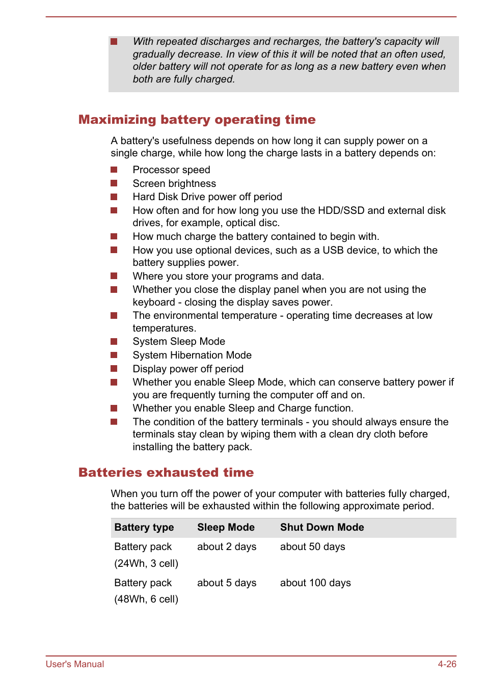 Maximizing battery operating time, Batteries exhausted time | Toshiba Tecra W50-A User Manual | Page 79 / 170