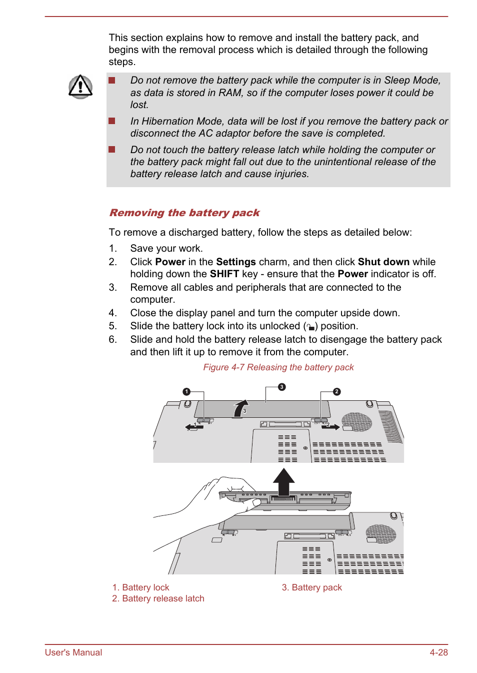 Removing the battery pack | Toshiba Tecra W50-A User Manual | Page 81 / 170