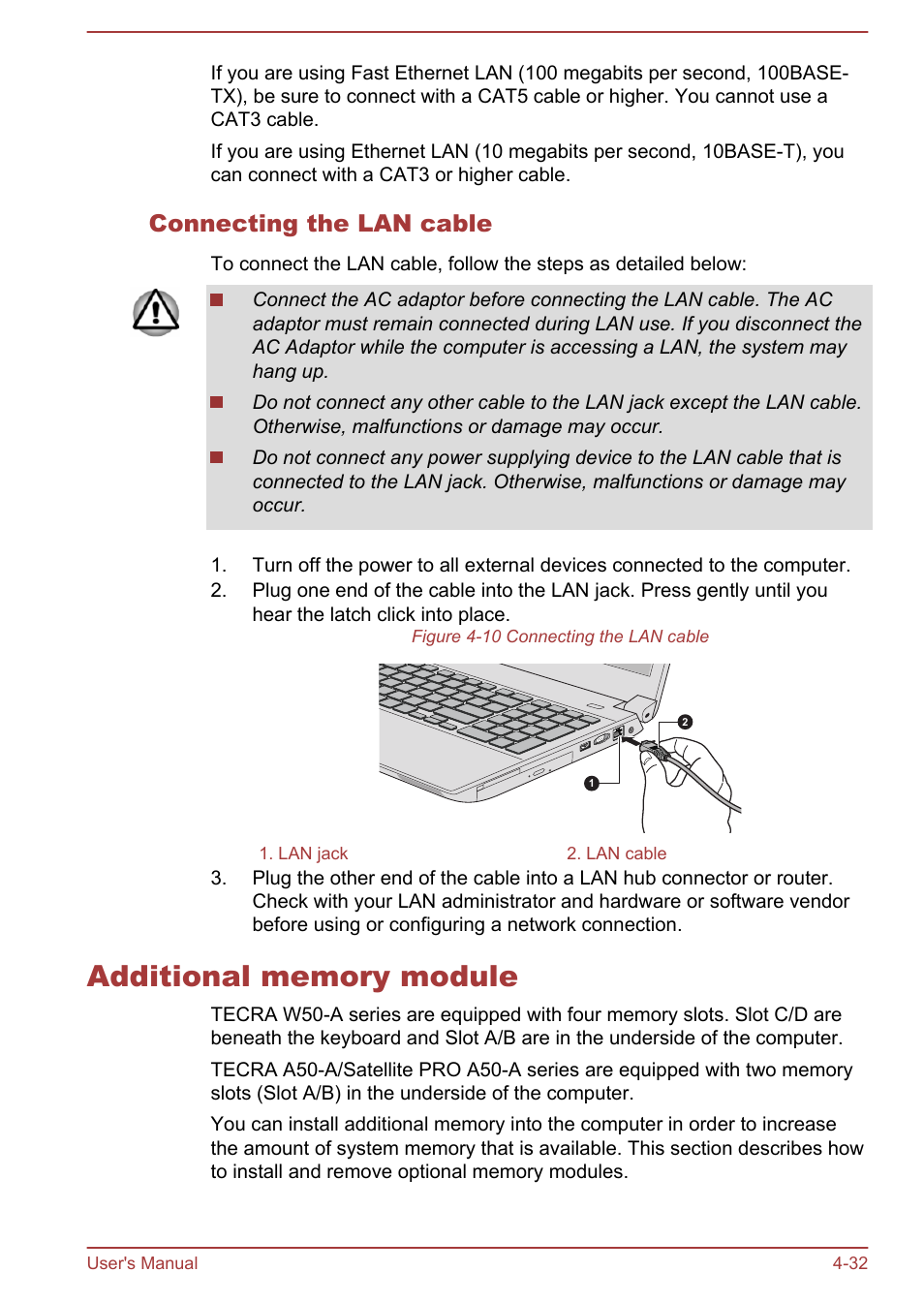 Connecting the lan cable, Additional memory module, Additional memory module -32 | Section | Toshiba Tecra W50-A User Manual | Page 85 / 170