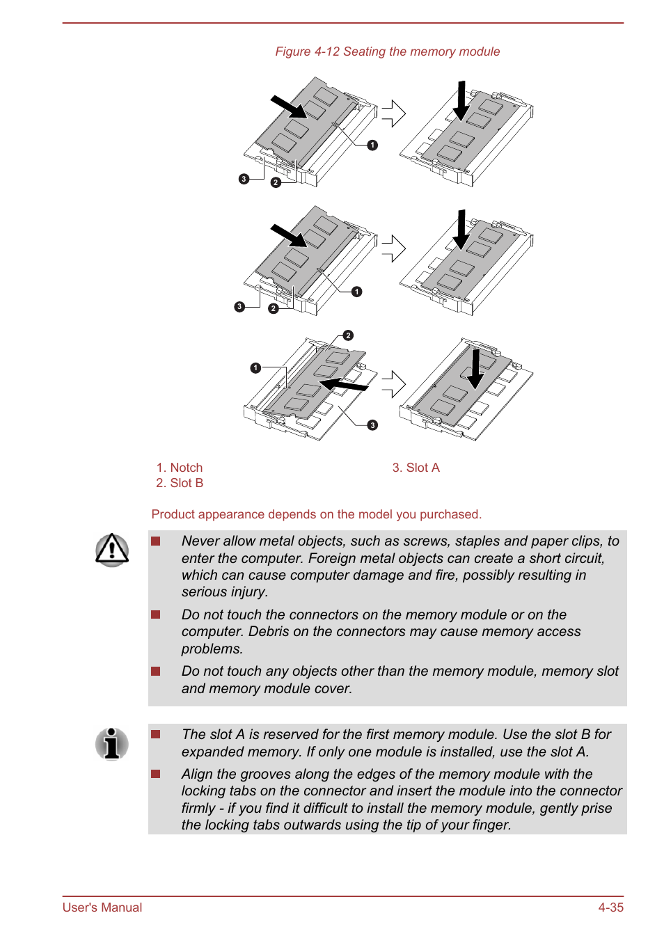 Notch 3. slot a 2. slot b, User's manual 4-35 | Toshiba Tecra W50-A User Manual | Page 88 / 170