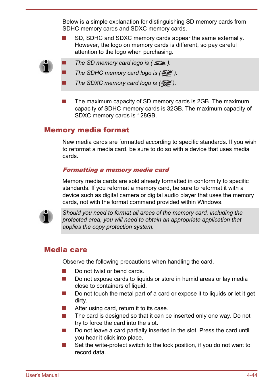 Memory media format, Media care | Toshiba Tecra W50-A User Manual | Page 97 / 170