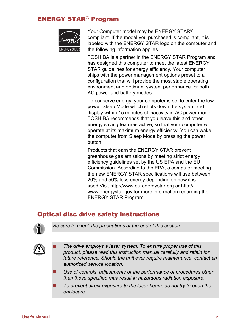 Energy star, Program, Optical disc drive safety instructions | Toshiba LX830 User Manual | Page 10 / 131