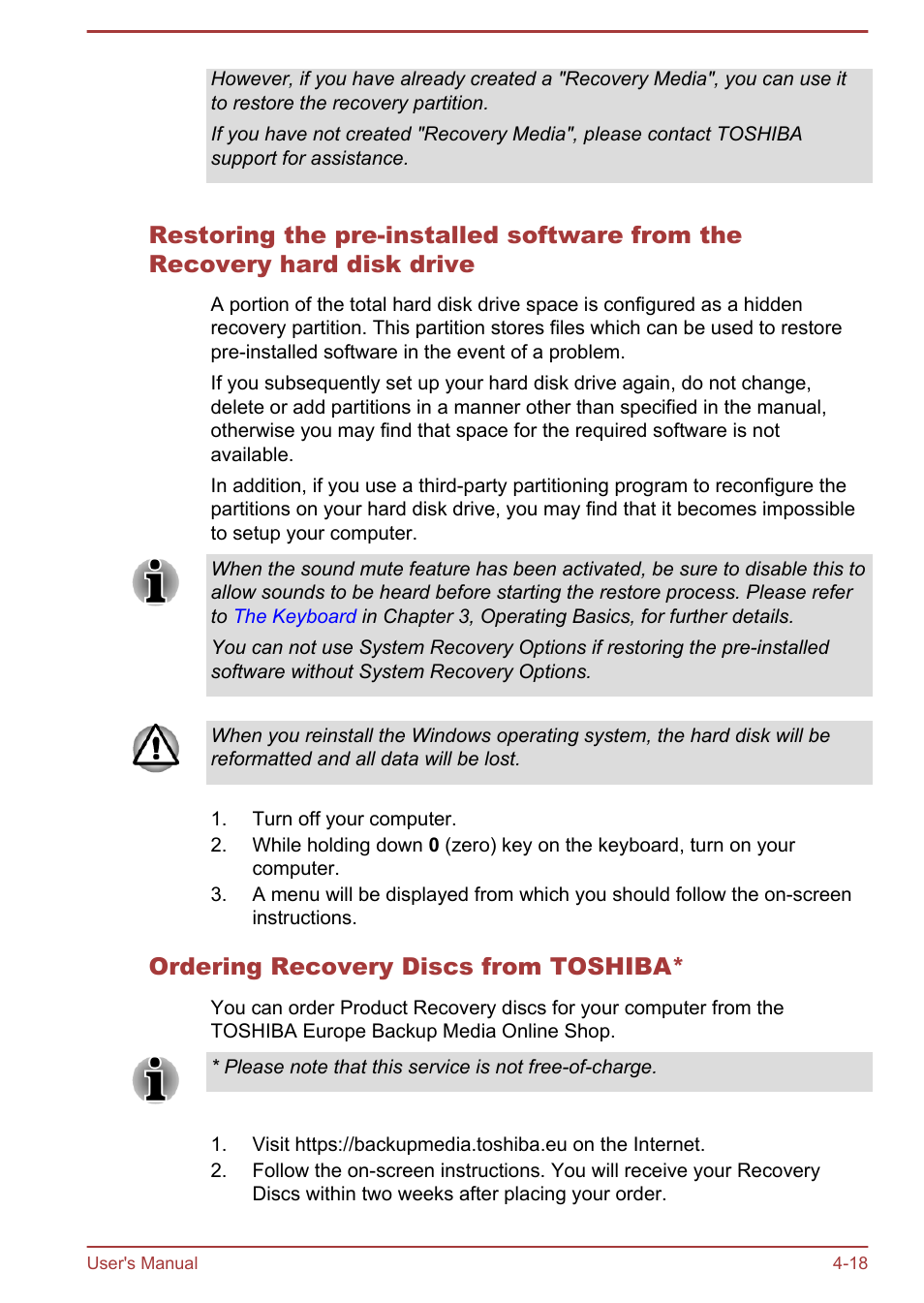 Ordering recovery discs from toshiba | Toshiba LX830 User Manual | Page 100 / 131