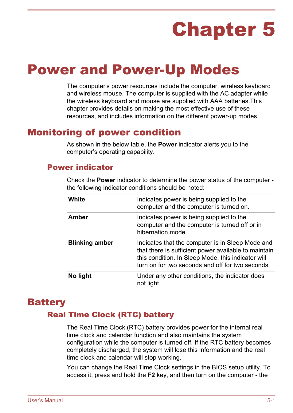 Chapter 5 power and power-up modes, Monitoring of power condition, Power indicator | Battery, Real time clock (rtc) battery, Chapter 5, Power and power-up modes, Monitoring of power condition -1 battery -1, Then indicate the status. please refer to the | Toshiba LX830 User Manual | Page 101 / 131