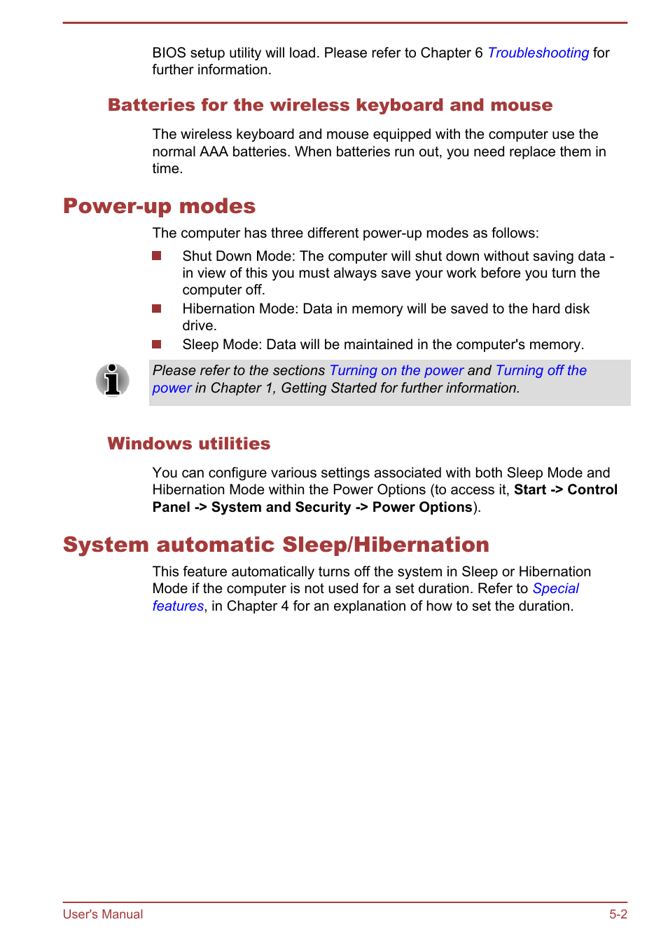 Batteries for the wireless keyboard and mouse, Power-up modes, Windows utilities | System automatic sleep/hibernation | Toshiba LX830 User Manual | Page 102 / 131