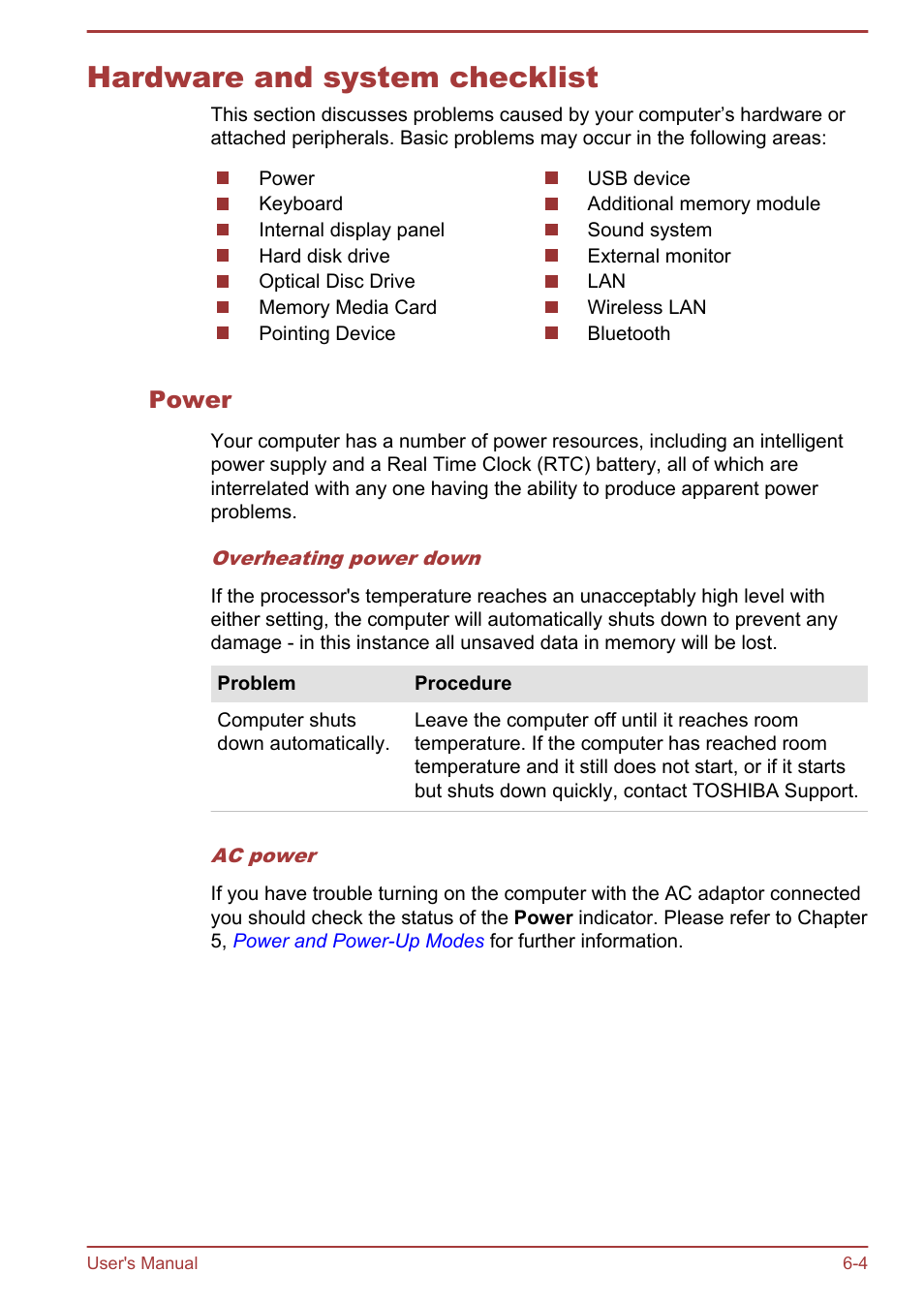 Hardware and system checklist, Power, Hardware and system checklist -4 | Toshiba LX830 User Manual | Page 106 / 131