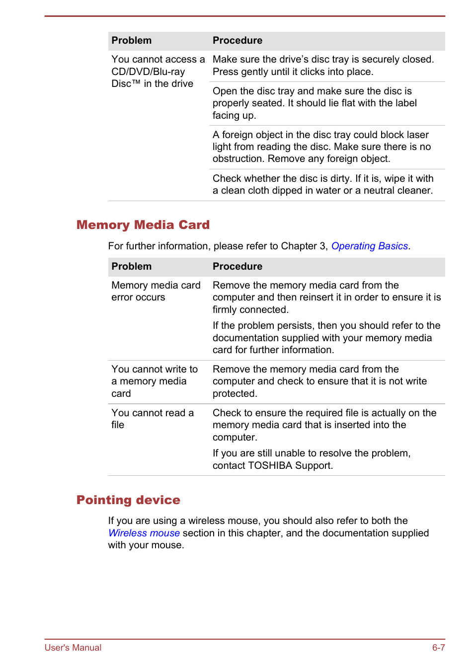 Memory media card, Pointing device | Toshiba LX830 User Manual | Page 109 / 131