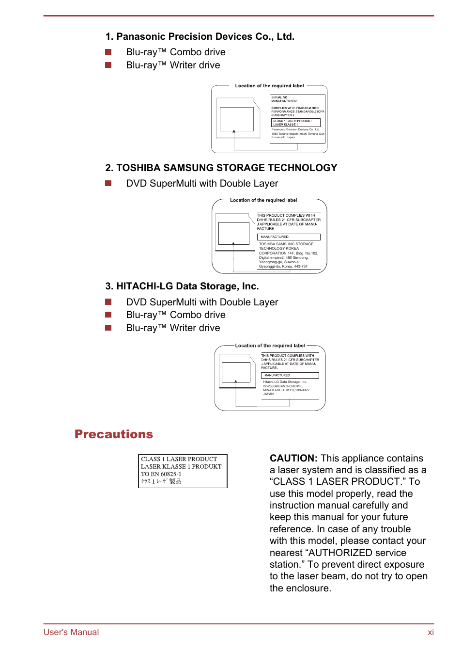 Precautions, User's manual xi | Toshiba LX830 User Manual | Page 11 / 131