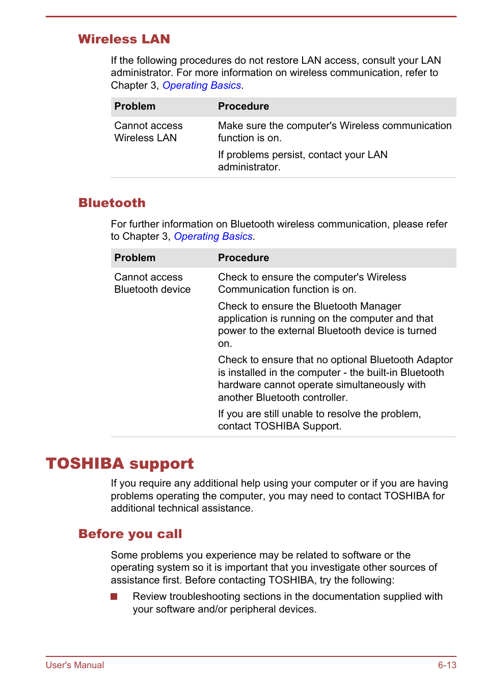 Wireless lan, Bluetooth, Toshiba support | Before you call, Toshiba support -13 | Toshiba LX830 User Manual | Page 115 / 131