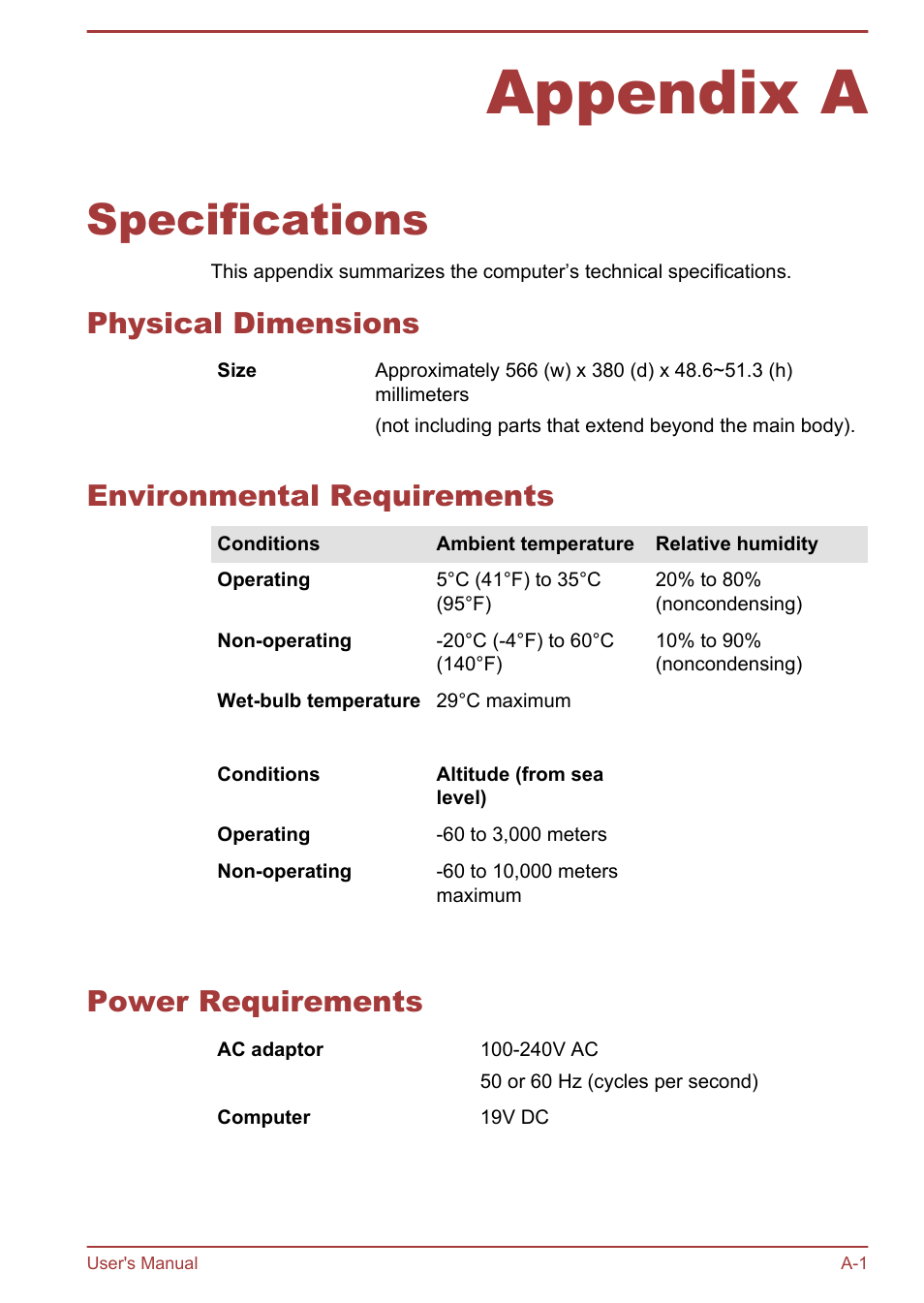 Appendix a specifications, Physical dimensions, Environmental requirements | Power requirements, Appendix a, Specifications | Toshiba LX830 User Manual | Page 117 / 131