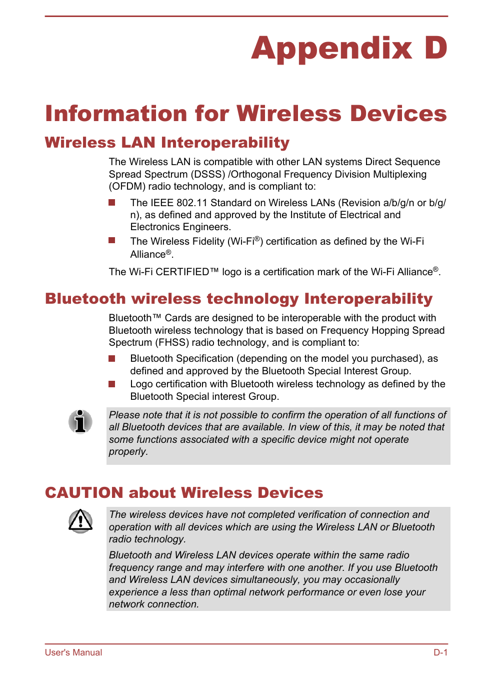 Appendix d information for wireless devices, Wireless lan interoperability, Bluetooth wireless technology interoperability | Caution about wireless devices, Appendix d, Information for wireless devices | Toshiba LX830 User Manual | Page 123 / 131