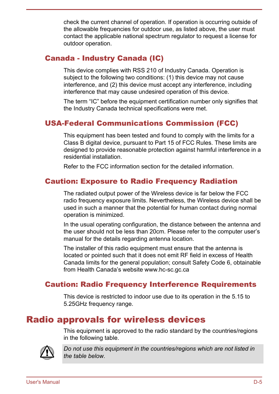 Canada - industry canada (ic), Usa-federal communications commission (fcc), Caution: exposure to radio frequency radiation | Caution: radio frequency interference requirements, Radio approvals for wireless devices | Toshiba LX830 User Manual | Page 127 / 131