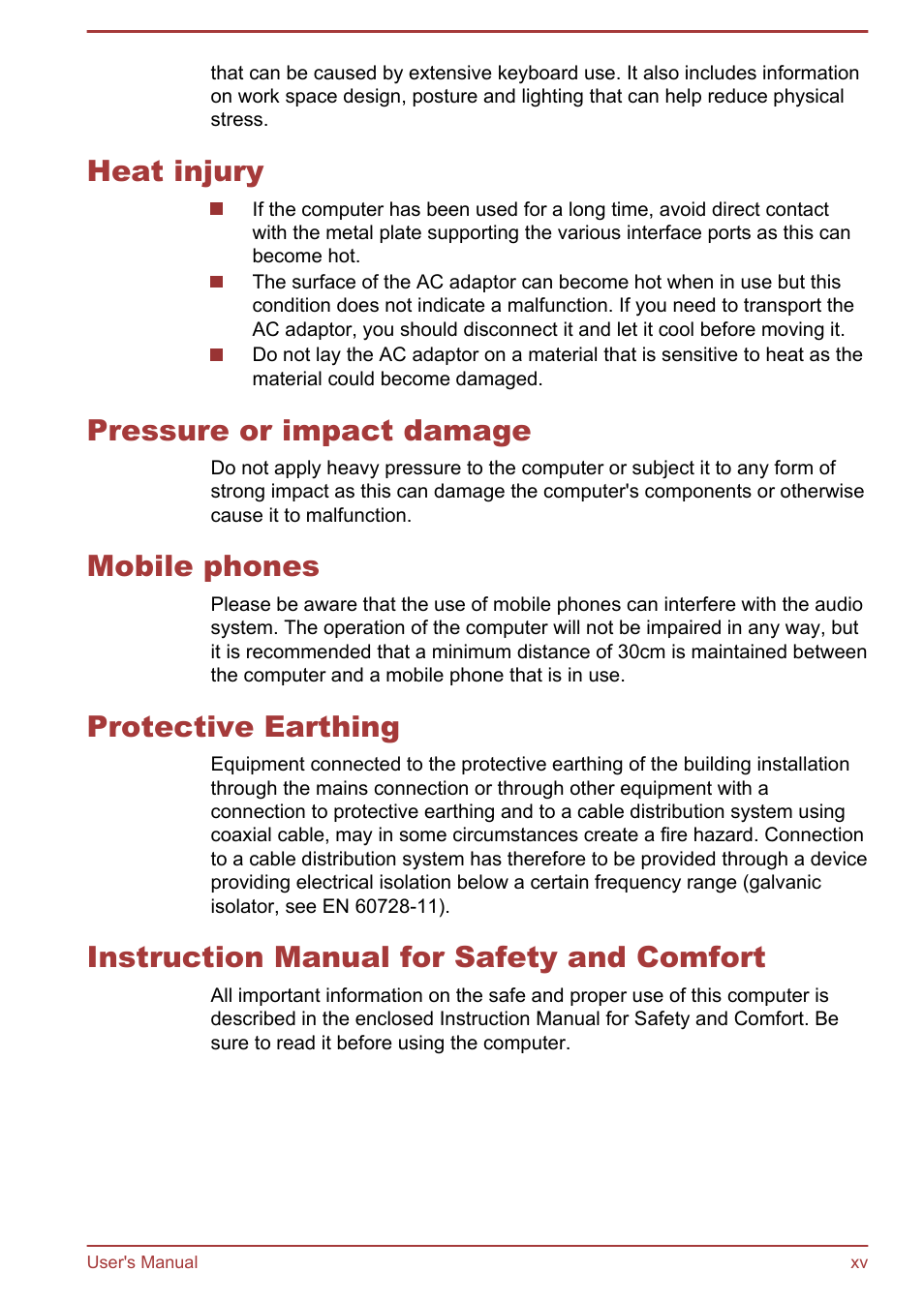 Heat injury, Pressure or impact damage, Mobile phones | Protective earthing, Instruction manual for safety and comfort | Toshiba LX830 User Manual | Page 15 / 131