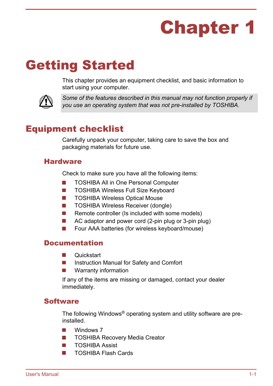 Chapter 1 getting started, Equipment checklist, Hardware | Documentation, Software, Chapter 1, Getting started, Equipment checklist -1 | Toshiba LX830 User Manual | Page 16 / 131