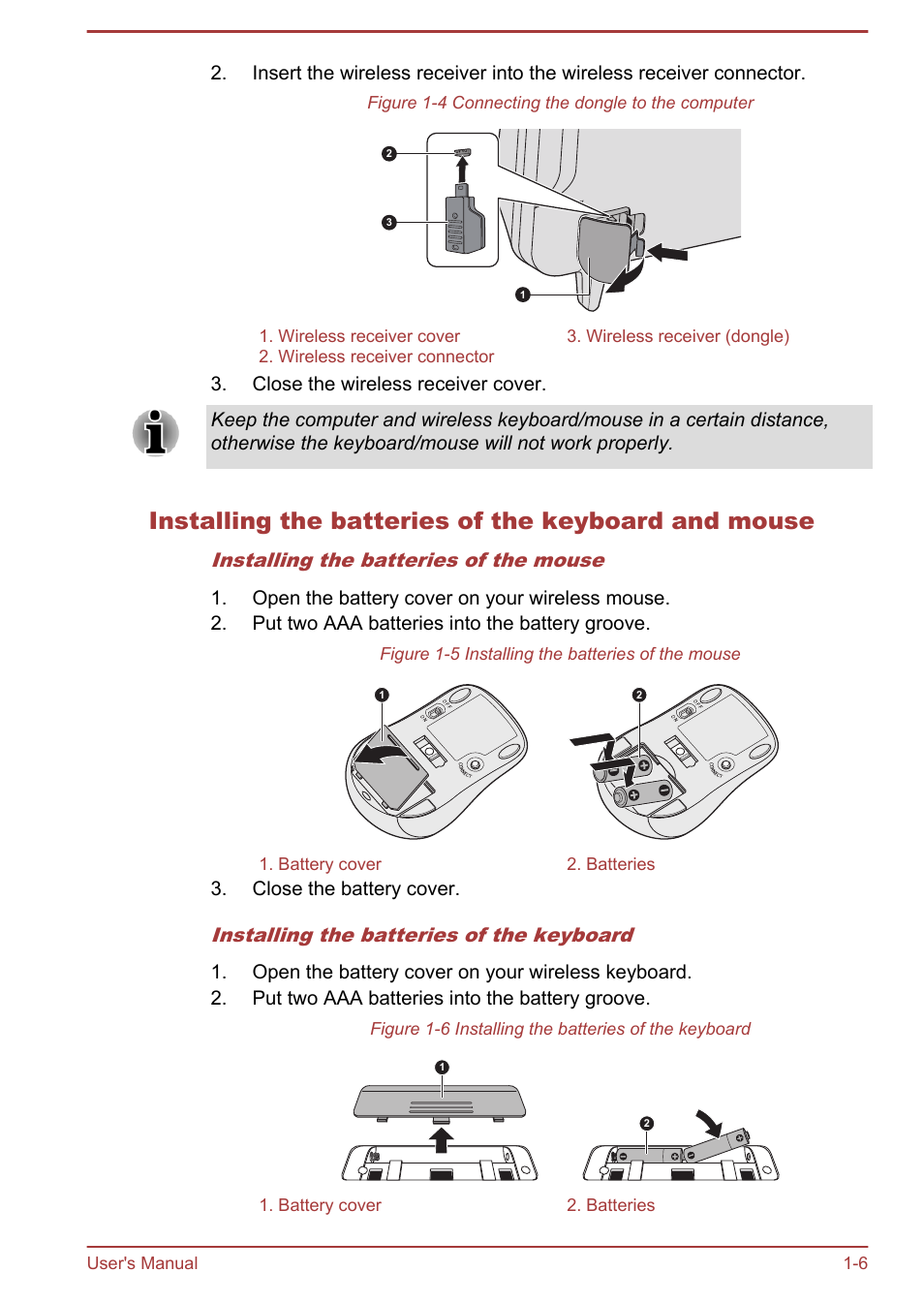 Installing the batteries of the keyboard and mouse | Toshiba LX830 User Manual | Page 21 / 131
