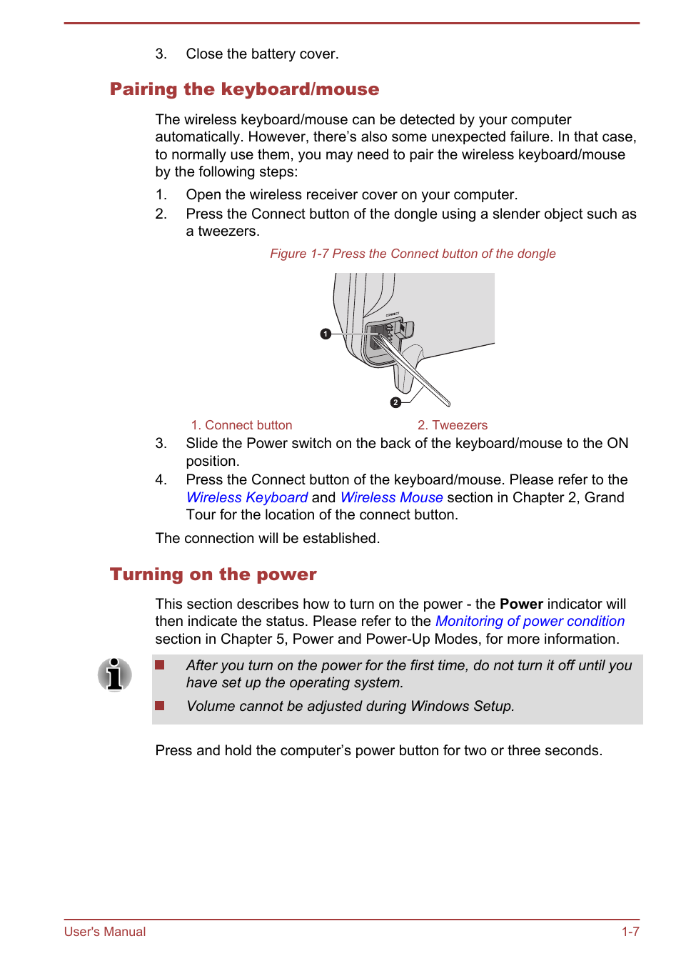 Pairing the keyboard/mouse, Turning on the power | Toshiba LX830 User Manual | Page 22 / 131