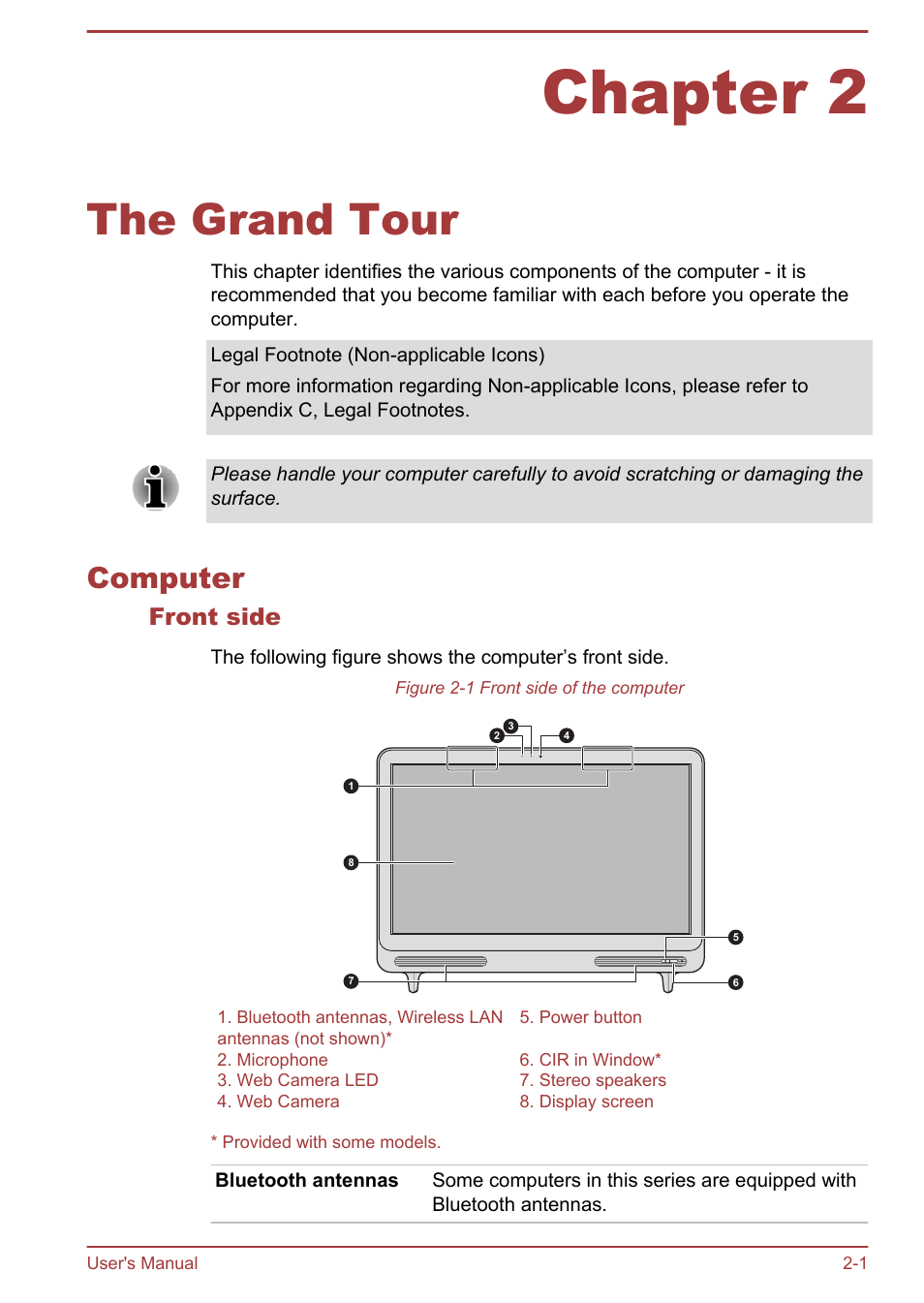 Chapter 2 the grand tour, Computer, Front side | Chapter 2, The grand tour, Computer -1 | Toshiba LX830 User Manual | Page 27 / 131