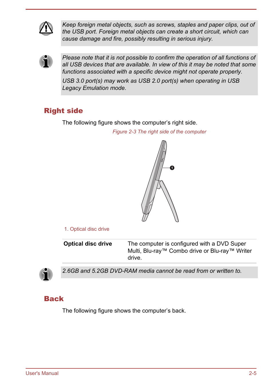 Right side, Back | Toshiba LX830 User Manual | Page 31 / 131