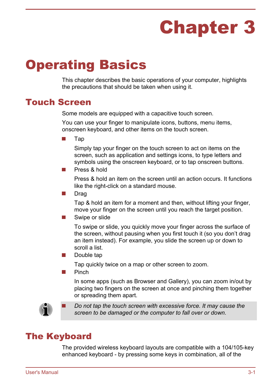 Chapter 3 operating basics, Touch screen, The keyboard | Chapter 3, Operating basics, Touch screen -1 the keyboard -1, For details | Toshiba LX830 User Manual | Page 43 / 131