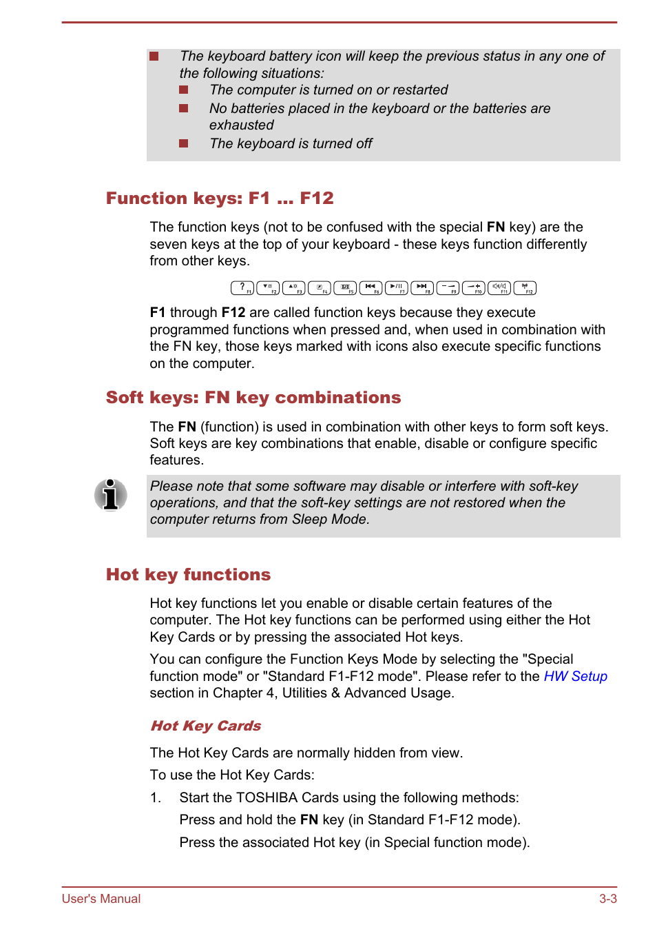 Function keys: f1 … f12, Soft keys: fn key combinations, Hot key functions | Toshiba LX830 User Manual | Page 45 / 131