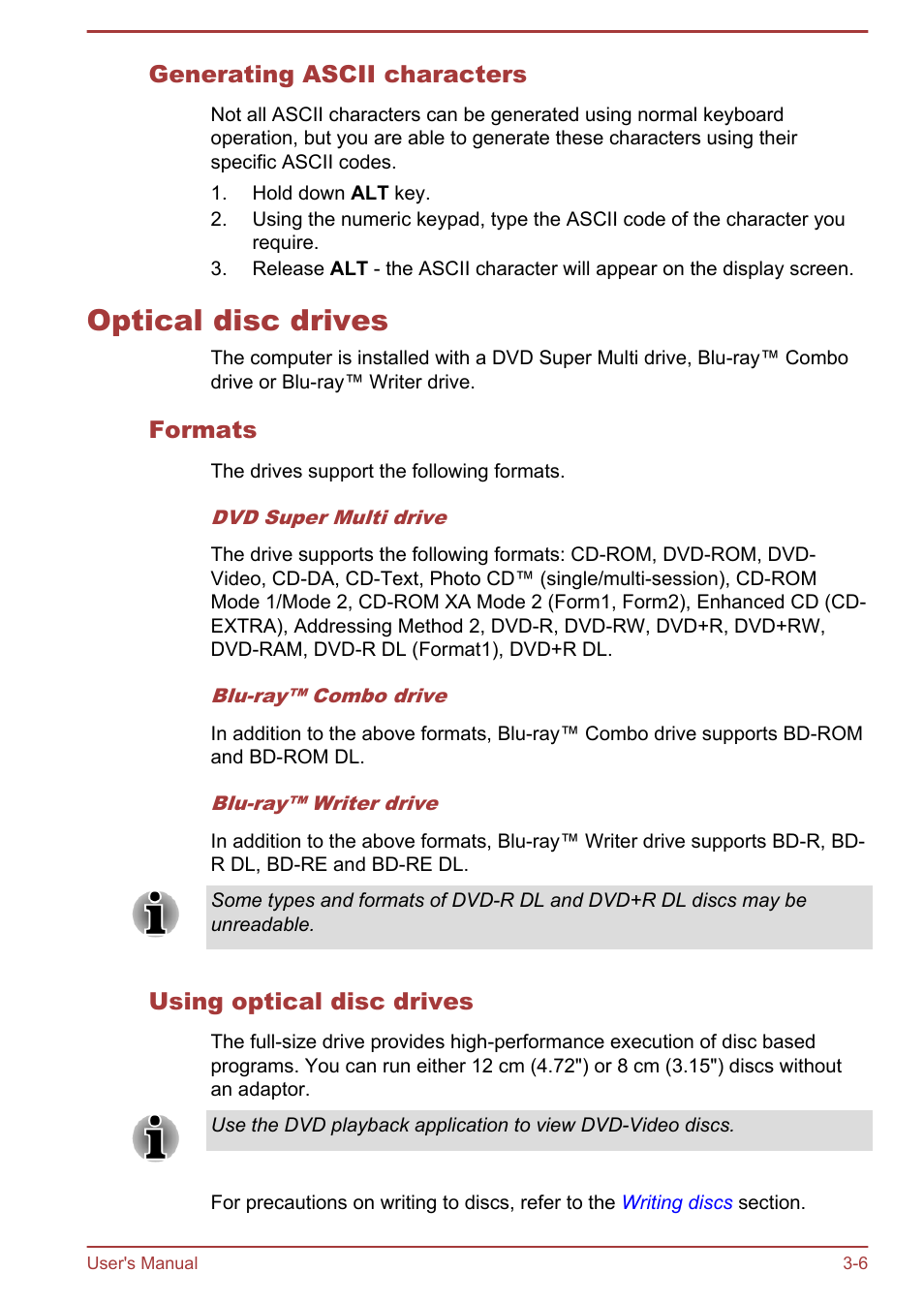 Generating ascii characters, Optical disc drives, Formats | Using optical disc drives, Optical disc drives -6 | Toshiba LX830 User Manual | Page 48 / 131