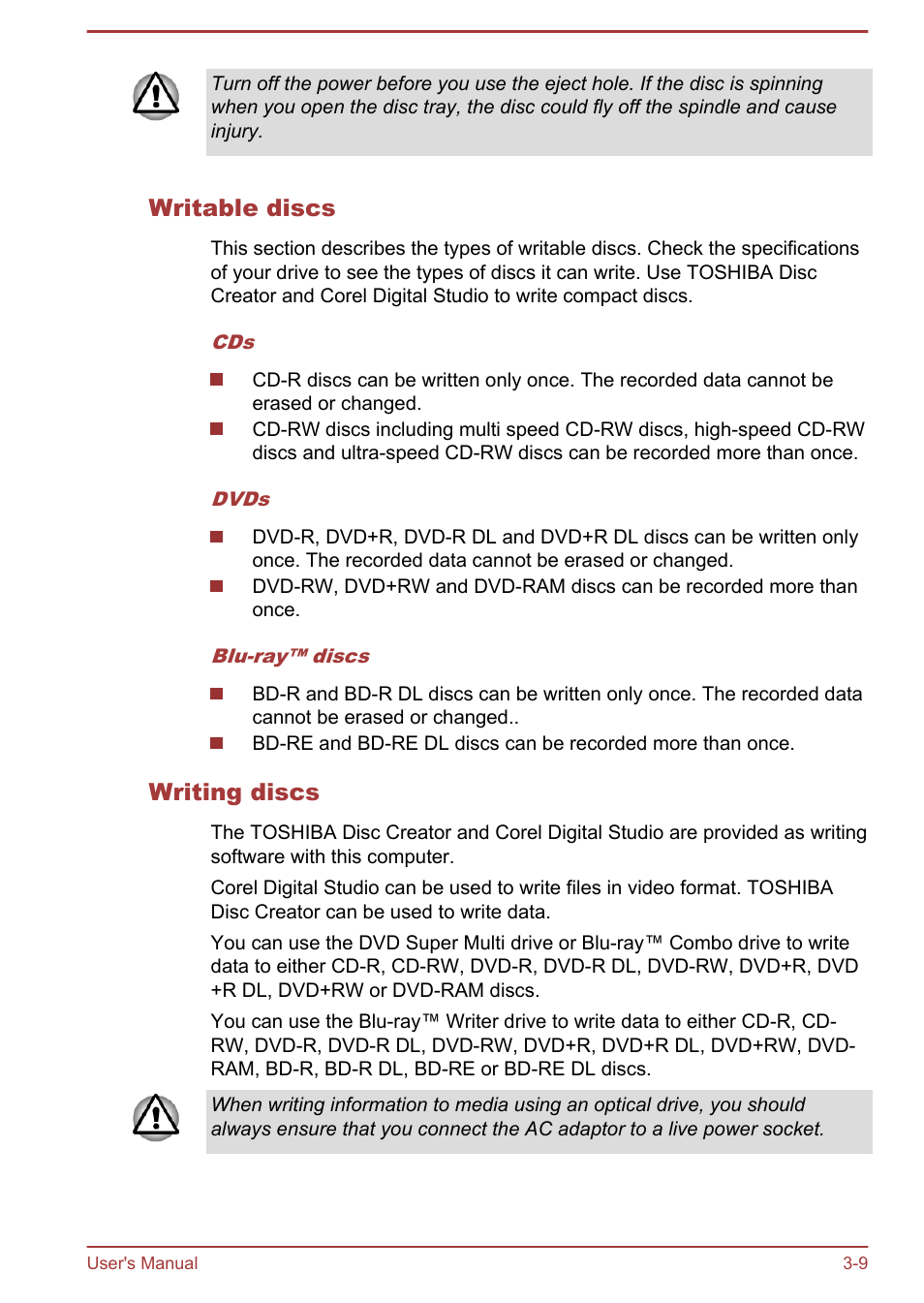 Writable discs, Writing discs | Toshiba LX830 User Manual | Page 51 / 131