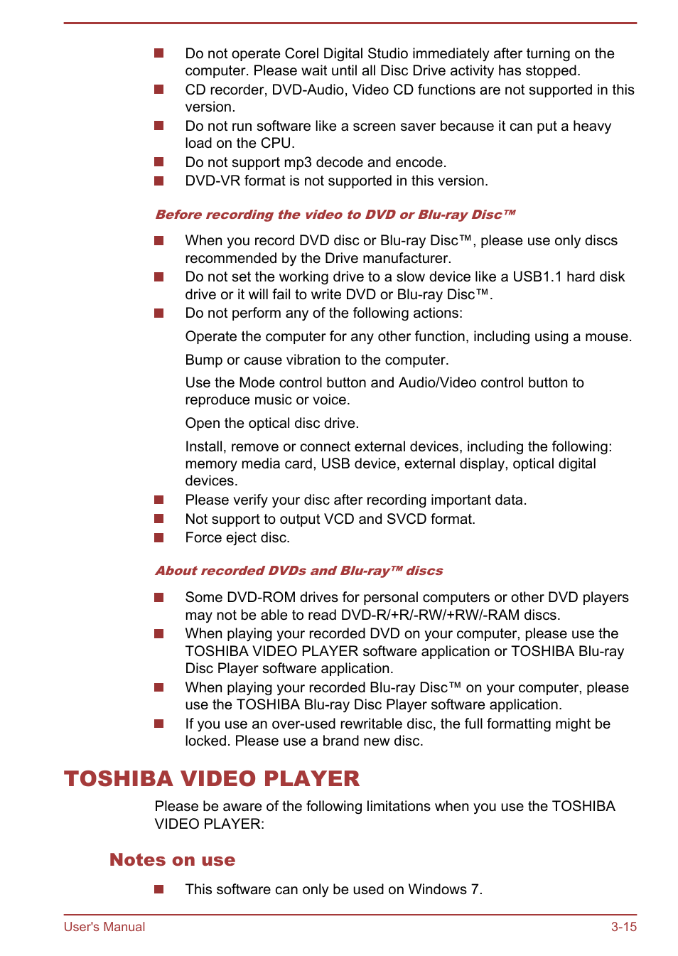 Toshiba video player, Notes on use, Toshiba video player -15 | Toshiba LX830 User Manual | Page 57 / 131