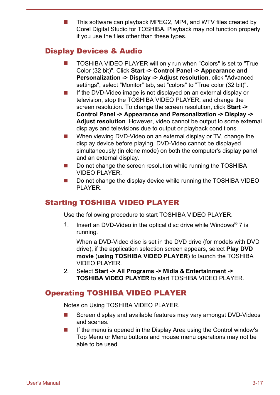 Display devices & audio, Starting toshiba video player, Operating toshiba video player | Toshiba LX830 User Manual | Page 59 / 131