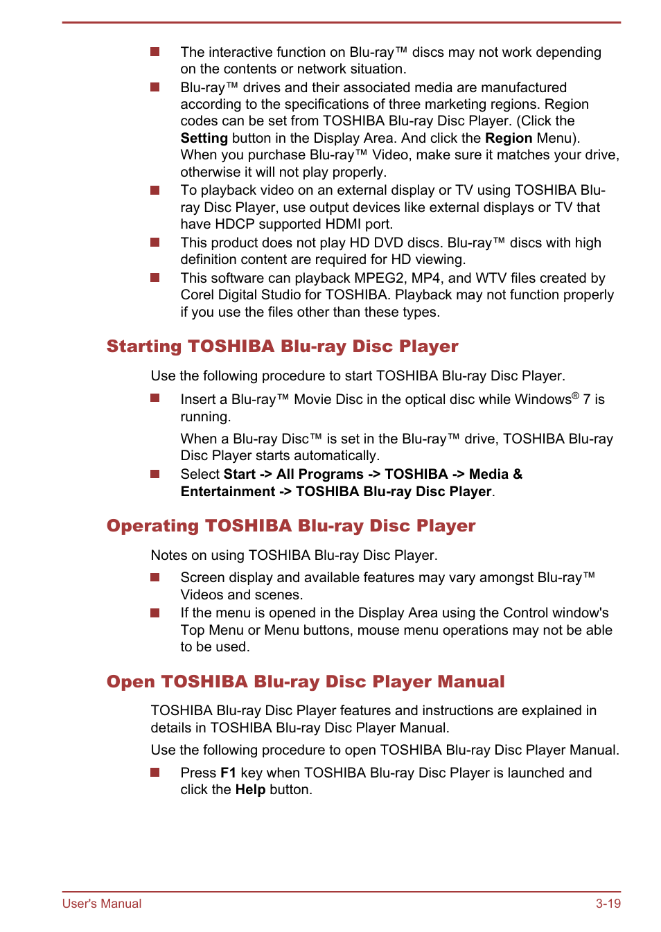 Starting toshiba blu-ray disc player, Operating toshiba blu-ray disc player, Open toshiba blu-ray disc player manual | Toshiba LX830 User Manual | Page 61 / 131