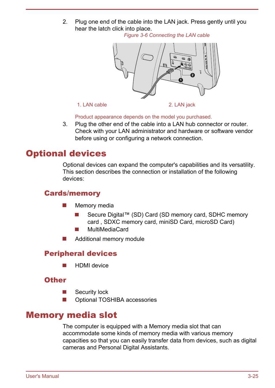 Optional devices, Cards/memory, Peripheral devices | Other, Memory media slot, Optional devices -25 memory media slot -25 | Toshiba LX830 User Manual | Page 67 / 131