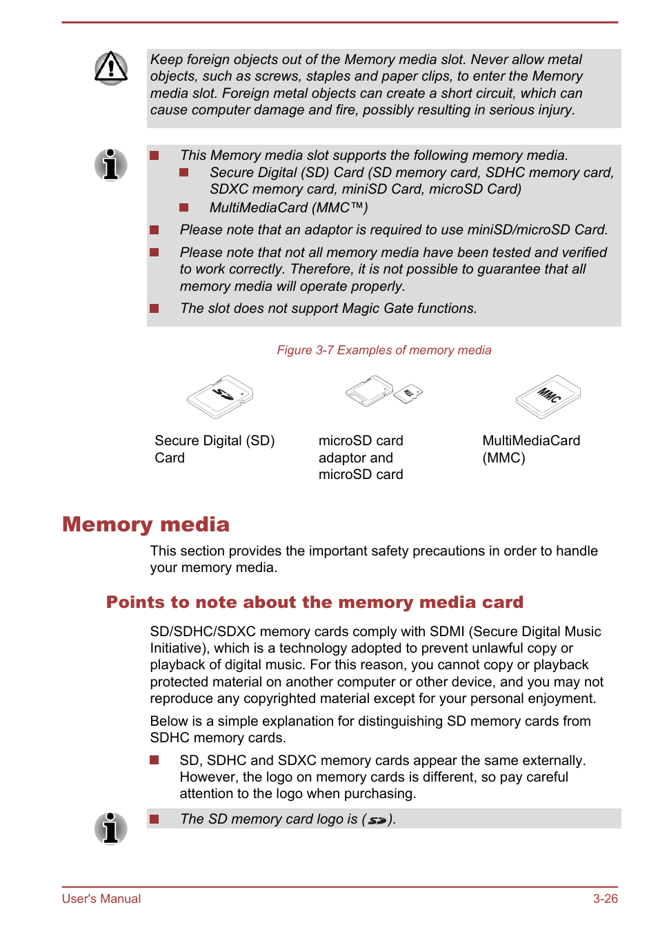 Memory media, Points to note about the memory media card, Memory media -26 | Toshiba LX830 User Manual | Page 68 / 131
