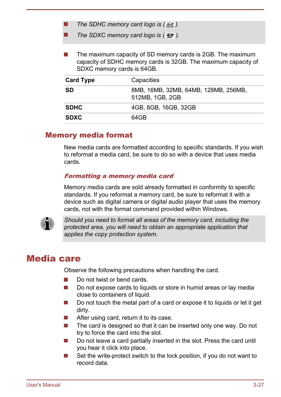 Memory media format, Media care, Media care -27 | Toshiba LX830 User Manual | Page 69 / 131