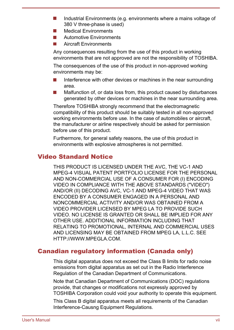 Video standard notice, Canadian regulatory information (canada only) | Toshiba LX830 User Manual | Page 7 / 131
