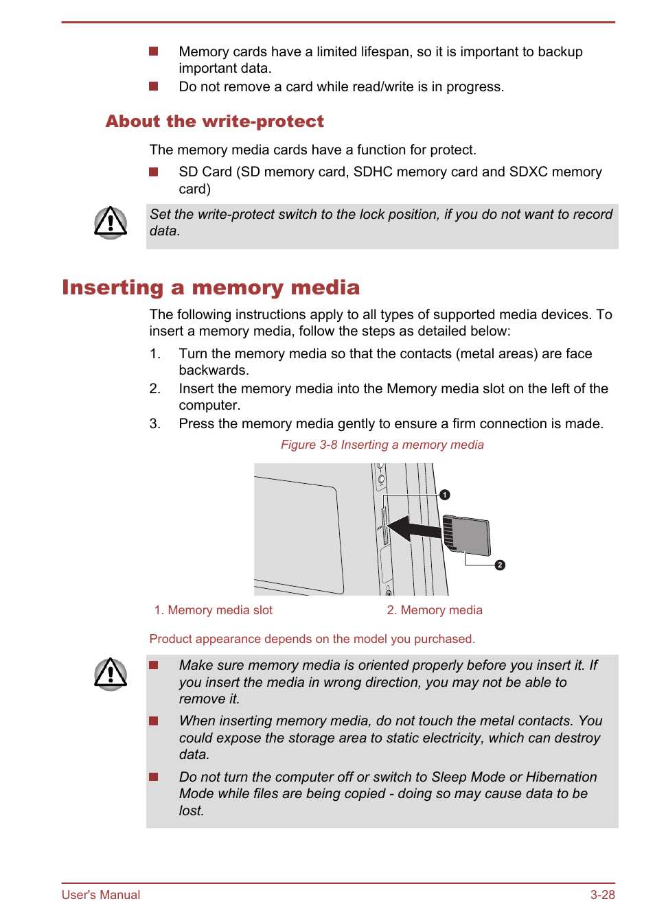 About the write-protect, Inserting a memory media, Inserting a memory media -28 | Toshiba LX830 User Manual | Page 70 / 131